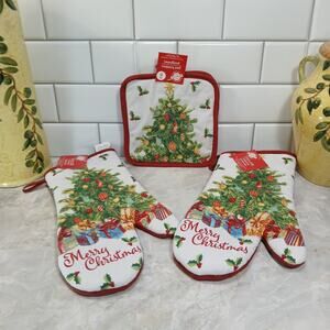 1996 Christmas House Festive Holiday Tree Oven Mitt/Pot Holder 4 pc Set NWT